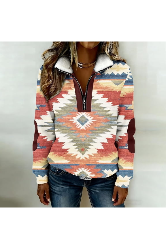 Sweatshirt for Women Western Aztec Print Quarter Zip Long Sleeve Collar Pullover Vintage Warm Comfy Casual Fall Winter Jacket Orange S