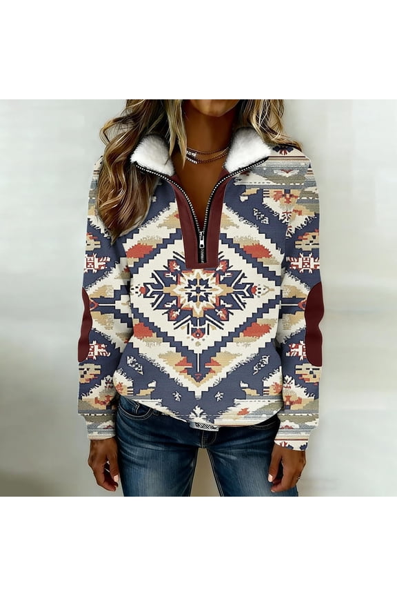 Sweatshirt for Women Western Aztec Print Quarter Zip Pullover Tops Collar Long Sleeve Casual Vintage Comfy Warm Western Clothing Navy XXL