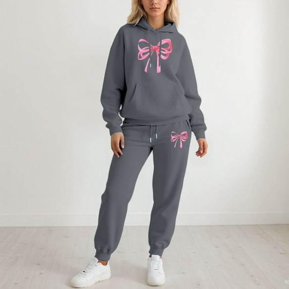 HOWPAY Sweatsuits Women 2 Piece Outfit Bow Printed Valentines Long Sleeve Hoodies Pullover and Jogger Sweatpants Tracksuits Casual Soft Comfy Lounge Sets Dark Gray S