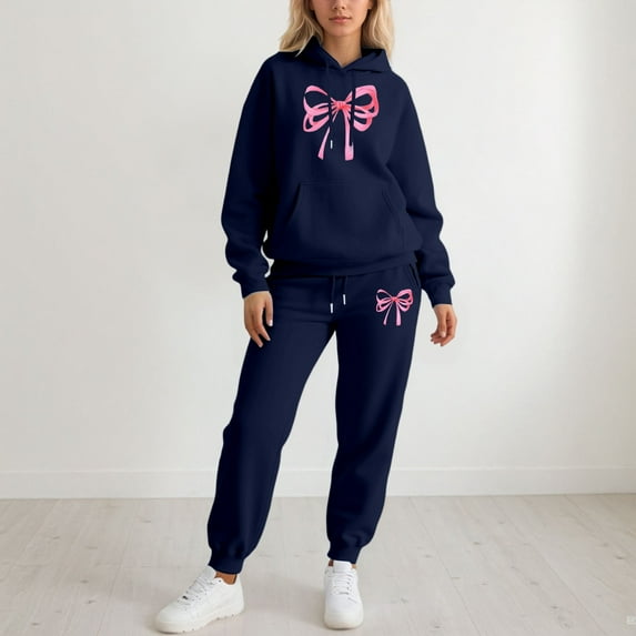 HOWPAY Sweatsuits Women 2 Piece Outfit Bow Printed Valentines Long Sleeve Hoodies Pullover and Jogger Sweatpants Tracksuits Casual Soft Comfy Lounge Sets Dark Blue M