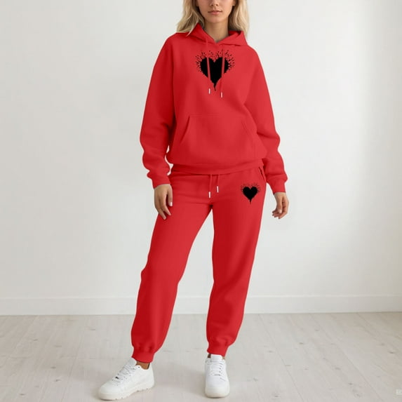 HOWPAY Sweatsuits Women 2 Piece Outfit Long Sleeve Heart Graphic Valentines Hooded Pullovers Tops and Jogger Sweatpants Sets Baggy Soft Comfy Lounge Sets Red S