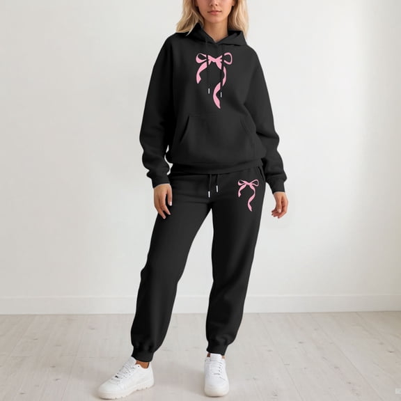 HOWPAY Sweatsuits Women 2 Piece Outfit Valentines Bow Graphic Long Sleeve Hooded Sweatshirt and Jogger Sweatpants Outfits Casual Loose Fit Lounge Sets Black L