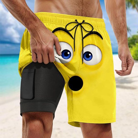 HOWPAY Swim Trunks Men Funny Face Print Quick Dry Elastic Waist Beach Shorts Breathable Summer Casual Loose Fit Bathing Suit Light Yellow XXL