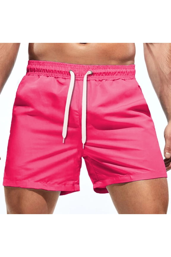 Swim Trunks Men Summer Solid Color Quick Dry Elastic Waist Drawstring Beach Shorts Breathable Athletic Casual Bathing Suit Hot Pink L