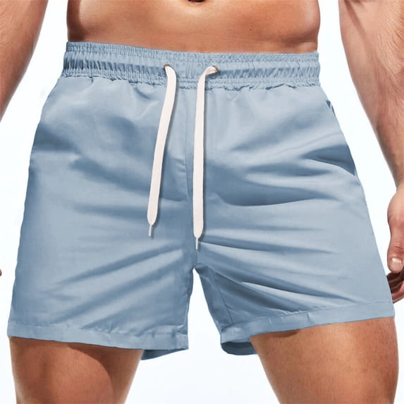 HOWPAY Swim Trunks Men Summer Solid Color Quick Dry Elastic Waist Drawstring Beach Shorts Breathable Athletic Casual Bathing Suit Light Blue XL
