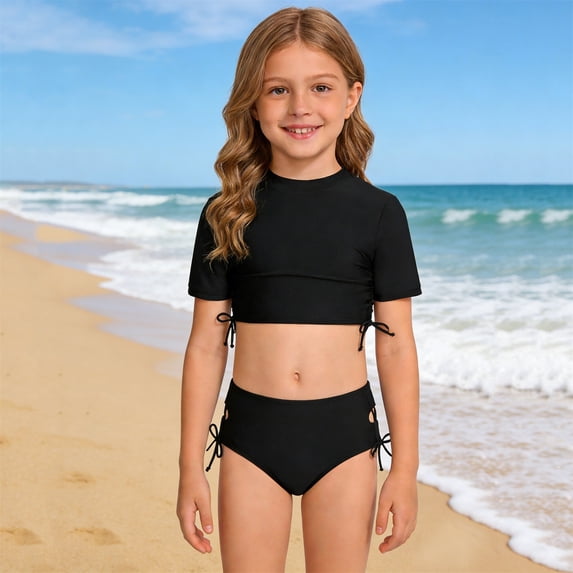 HOWPAY Swimsuit for Girls Quick Dry Solid Color Short Sleeve Tankini High Waist Boyshort Bathing Suit Summer Beach 2 Piece Swimwear Black