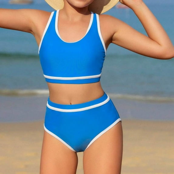 HOWPAY Swimsuit for Girls Quick Dry Solid Color Sleeveless Tankini High Waist Bikini Bottoms Swim Suit Summer Beach 2 Piece Swimwear Sky Blue