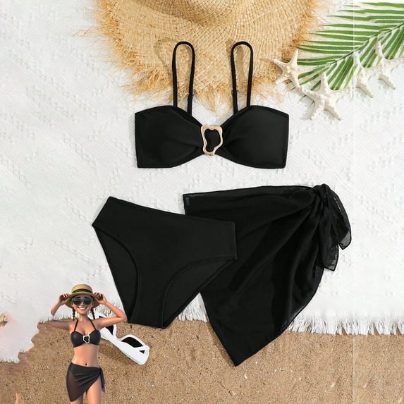 HOWPAY Swimsuit for Girls Sleeveless Tankini Bikini Bottoms Swim Suit with Cover up Skirt Solid Color Sport Summer Beach 2 Piece Swimwear Black
