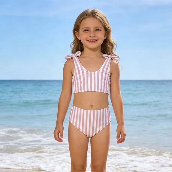 HOWPAY Swimsuit for Girls Striped Quick Dry Sleeveless Tankini High Waist Bikini Bottoms Bathing Suit Summer Beach 2 Piece Swimwear Light Pink