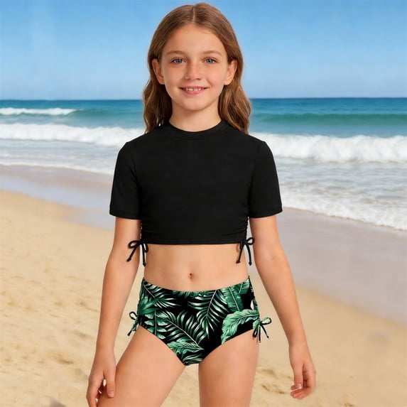HOWPAY Swimsuit for Girls Tropical Print Short Sleeve Tankini High Waist Boyshort Bathing Suit Quick Dry Summer Vacation 2 Piece Swimwear Black