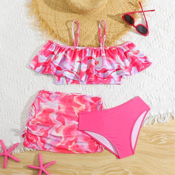 HOWPAY Swimsuit for Girls Tropical Print Sleeveless Tankini Bikini Bottoms Bathing Suit with Cover up Skirt Summer Beach 2 Piece Swimwear Pink