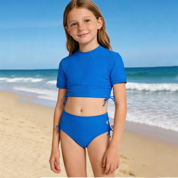 HOWPAY Swimsuits for Girls Quick Dry Solid Color Short Sleeve Tankini High Waist Boyshort Bathing Suit Summer Beach 2 Piece Swimwear Blue