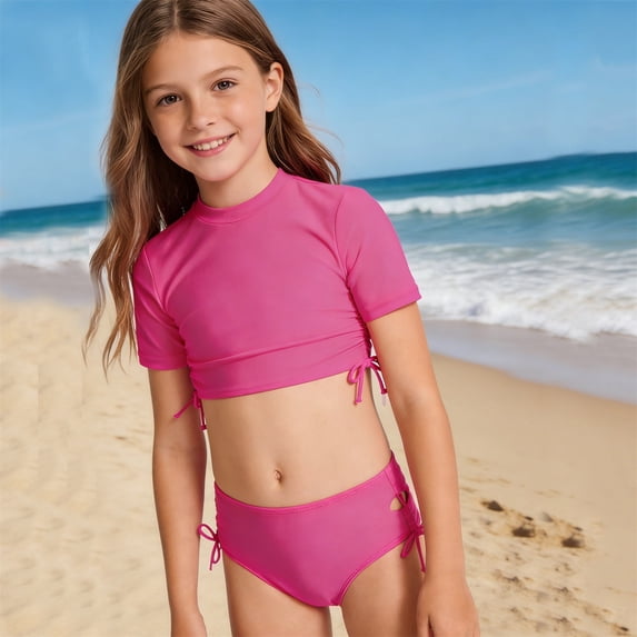 HOWPAY Girls Swimsuit Quick Dry Solid Color Short Sleeve Tankini High Waist Boyshort Bathing Suit Summer Beach 2 Piece Swimwear Hot Pink
