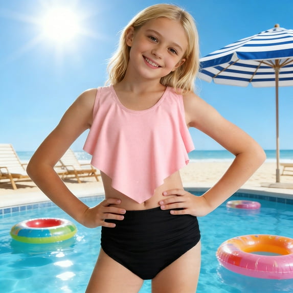 HOWPAY Swimsuits for Girls Summer Sleeveless Tankini Cut Out Bikini Bottoms Bathing Suit Solid Color Casual Quick Dry 2 Piece Swimwear Light Pink