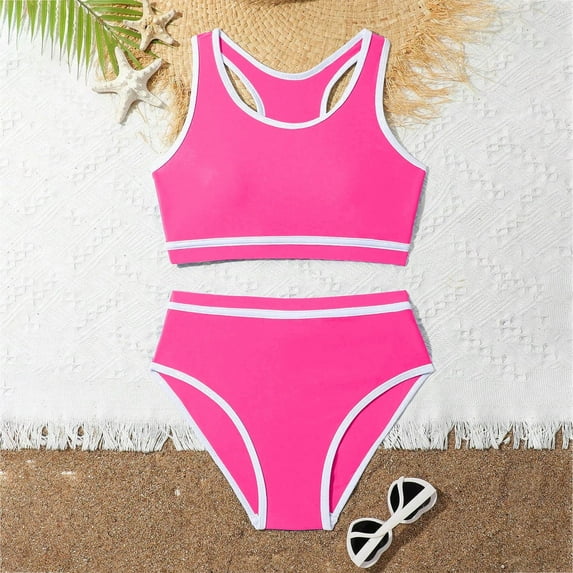 HOWPAY Swimsuits for Girls Summer Sleeveless Tops and Cut Out Bottom Bikini Sets Quick Dry Bathing Suit Sun Beach Pool Soft 2 Piece Swimwear Hot Pink