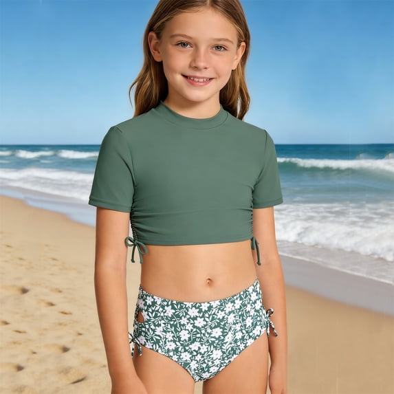 HOWPAY Swimsuits for Girls Tropical Print Short Sleeve Tankini High Waist Boyshort Bathing Suit Quick Dry Summer Vacation 2 Piece Swimwear Army Green