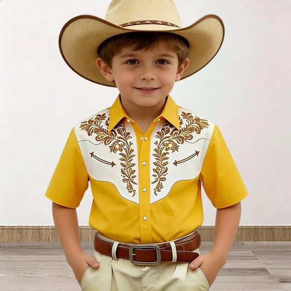 HOWPAY T Shirts for Boys Western Cowboy Print Short Sleeve Button down Basic Shirts Casual Loose Fit Tees Comfy Lightweight Summer Clothes Yellow