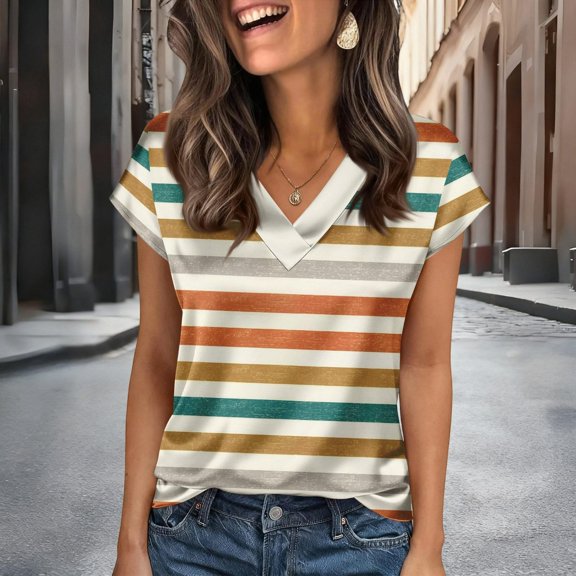 HOWPAY T Shirts for Women V Neck Casual Short Sleeve Striped Basic Tee Tops Summer Lightweight Soft Loose Fit Baggy Y2K Clothes Orange M