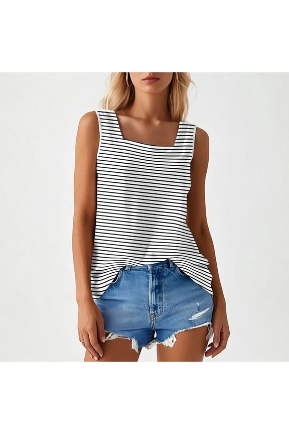 Tank Tops for Women Sleeveless Striped Basic Tee Stretchy Loose Fit Comfy Scoop Neck Shirts Casual Summer Undershirts Black XXL