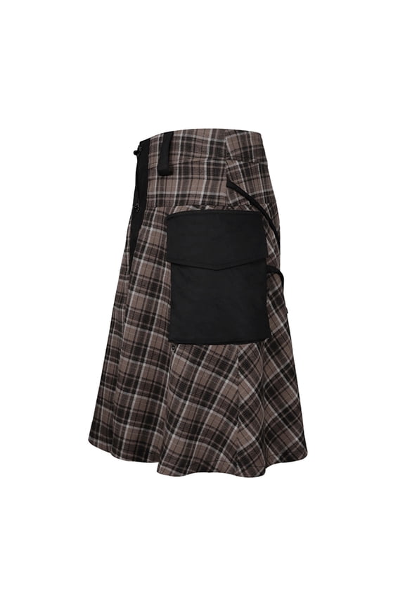 Tartan Utility Kilts for Men Traditional Highland Tactical Kilt with Adjustable Straps and Cargo Pockets Casual Retro Wear Coffee L