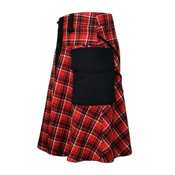 HOWPAY Tartan Utility Kilts for Men Traditional Highland Tactical Kilt with Adjustable Straps and Cargo Pockets Casual Retro Wear Red XXL