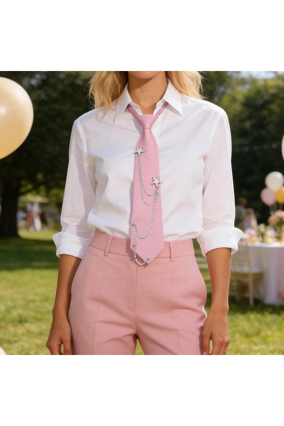 Ties for Women Men Necktie Pre-Tied with Metal Chain Accessories Solid Color Adjustable Necktie for Uniform School Party Wedding Pink