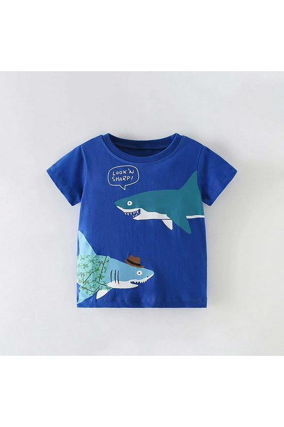 Toddler Boy T Shirts Causal Cartoon Graphic Crew Neck Short Sleeve Tee Loose Fit Lightweight Tops Comfortable Baggy Summer Clothes Blue