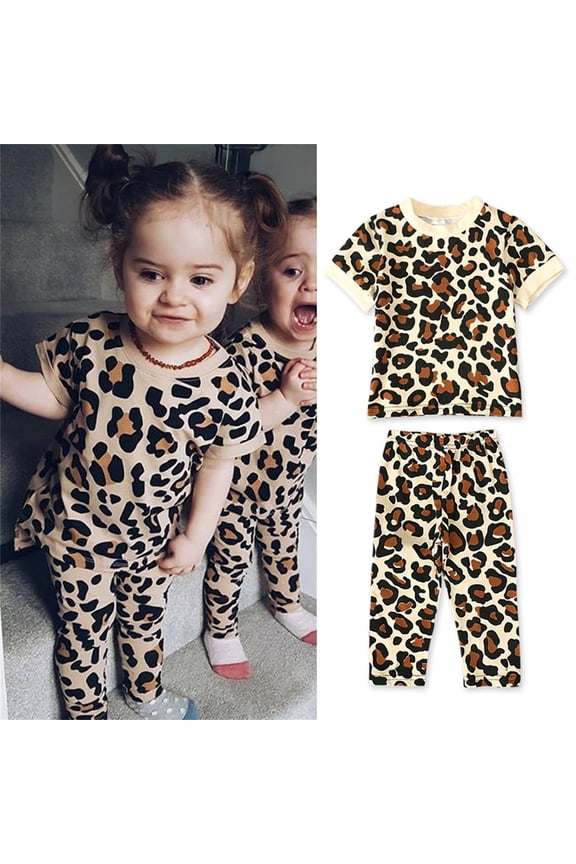 Toddler Girl Outfits 2 Piece Leopard Print Crew Neck Short Sleeve Tees and Wide Leg Pants Tracksuit Lightweight Summer Sweatsuits Set Beige
