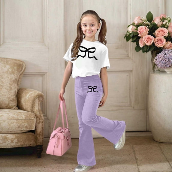 HOWPAY Toddler Girl Outfits 2 Piece Short Sleeve Crew Neck T-Shirt and Flare Pants Outfits Bow Print Lightweight Soft Sweatsuits Set Purple