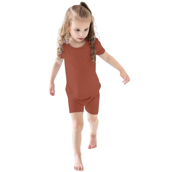 HOWPAY Toddler Girl Outfits 2 Piece Short Sleeve Crew Neck T-Shirt and Wide Leg Shorts Tracksuit Solid Color Lightweight Clothes Set Brick Red