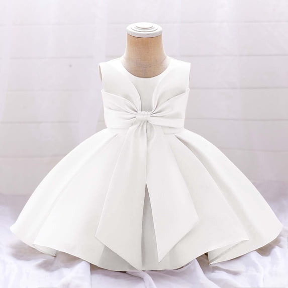 HOWPAY Toddler Girls Dresses Solid Color Crew Neck Sleeveless A-Line Flowy Dresses Casual Lightweight Beach Wedding Party Summer Midi Sundress White