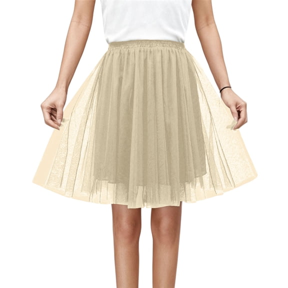 HOWPAY Tutu Skirts for Women Lightweight Knee Length Retro Solid Color Puffy Mesh Tulle Skirts High Elastic Waisted Classic Dresses for Dance Party Y2K Outfits Khaki M