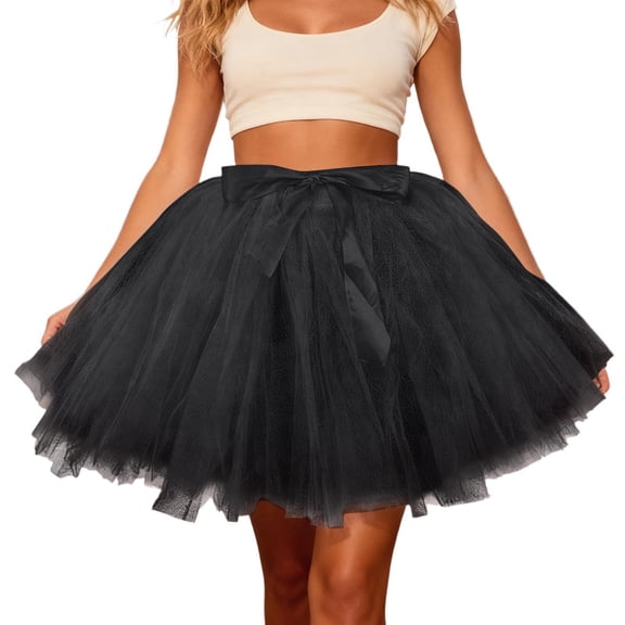 HOWPAY Tutu Skirts for Women Mesh Tulle Skirts Classic High Elastic Waisted Lightweight Party Wear Vintage Colorful Evening Dresses Y2K Clothes Black One Size