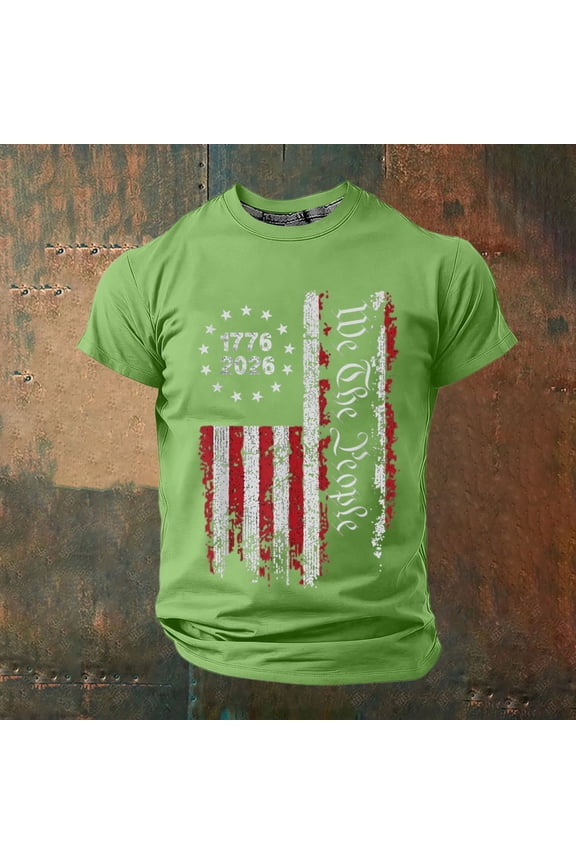 USA 250th Anniversary Shirt for Men Independence Day Pullover Short Sleeve Crew Neck 1776-2026 Commemorative Patriotic Casual Tees Green M