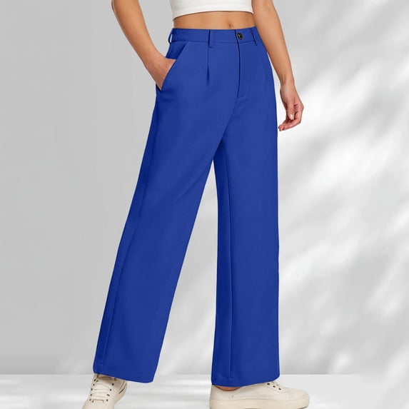 HOWPAY Uniform Pants for Girls Wide Leg Dress Pants with Pockets Stretchy Solid Color High Elastic Waist Pull on Loose Fit School Uniform Blue