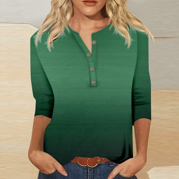 HOWPAY V Neck T Shirts for Women 3/4 Length Sleeve Graphic Dressy Casual Tunic Tops Loose Fit Lightweight Blouses Soft Comfy Y2K Clothes Blue XXL