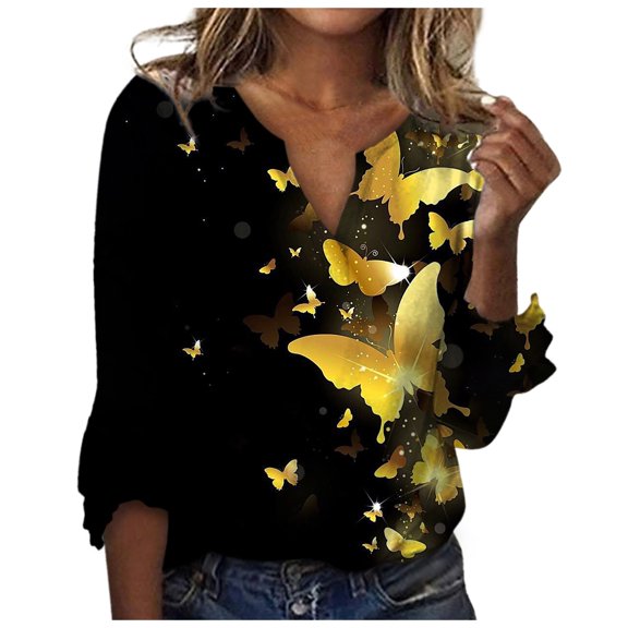 HOWPAY V Neck T Shirts for Women 3/4 Sleeve Graphic Dressy Casual Loose Fit Tunic Blouses Lightweight Pullover Soft Comfy Y2K Clothes Gold S