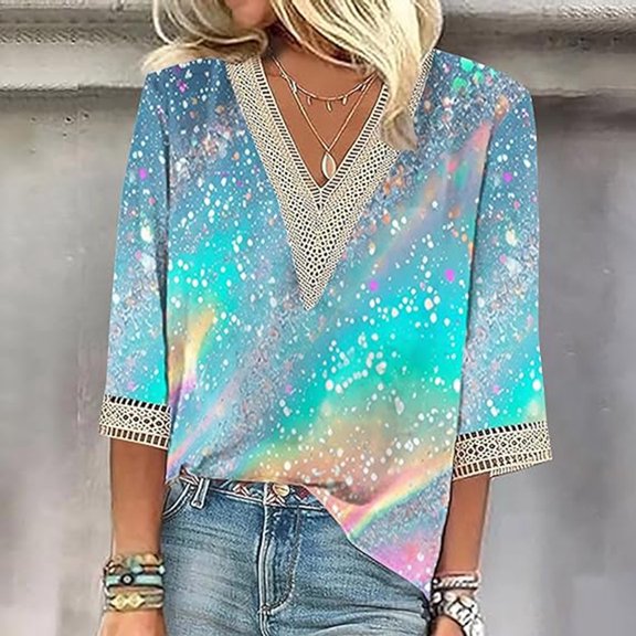 HOWPAY V Neck T Shirts for Women 3/4 Sleeve Printed Loose Fit Dressy Casual Tunic Tee Lightweight Blouses Soft Comfy Fall Clothes Light Blue XXL