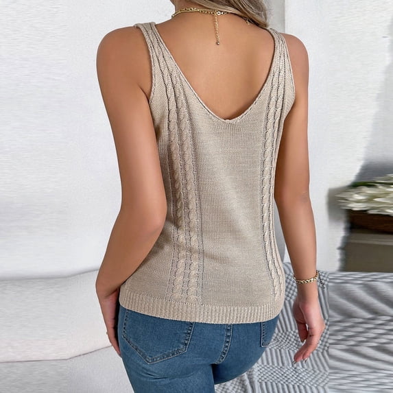 HOWPAY V Neck T Shirts for Women Casual Sleeveless Solid Color Basic Tee Summer Lightweight Soft Loose Fit Baggy Y2K Streetwear Khaki L