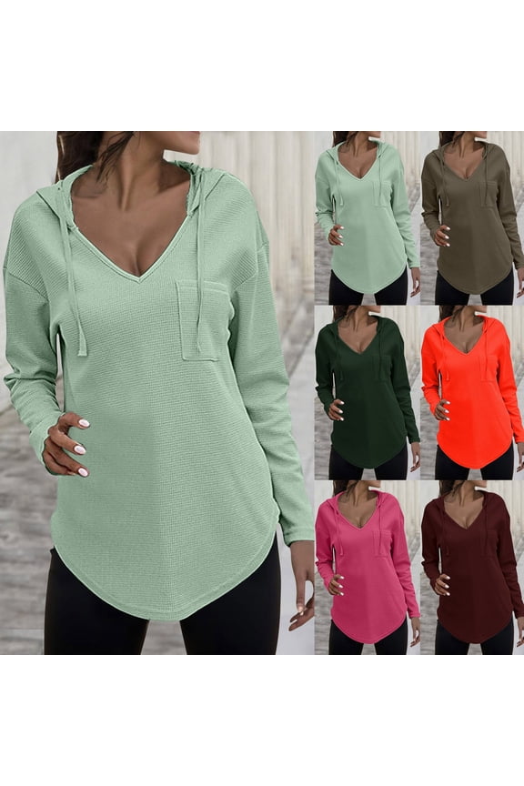 V Neck Waffle Knit Hoodies For Women Plaid Pattern Long Sleeve Drawstring Pullover Sweatshirts With Pockets Soft Knit Casual Wear Womens Fashion Hoodies & Sweatshirts Coffee L