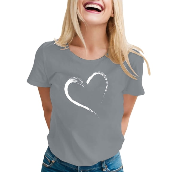 HOWPAY Valentine's T Shirts for Women Short Sleeve Cute Heart Printed Pullover Tops Casual Lightweight Crew Neck Couples Blouse Comfy Soft Y2K Clothes Grey XXL