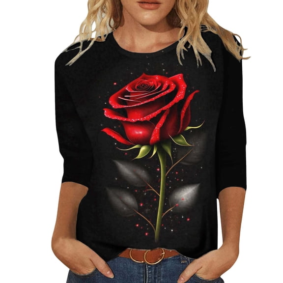 HOWPAY Valentine's Womens T Shirts Cute Heart Printed 3/4 Sleeve Pullover Tops Casual Lightweight Crew Neck Fall Blouse Comfy Soft Y2K Clothes Black L