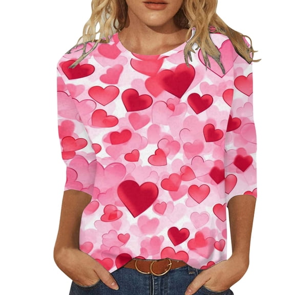 HOWPAY Valentine's Womens T Shirts Cute Heart Printed 3/4 Sleeve Pullover Tops Casual Lightweight Crew Neck Fall Blouse Comfy Soft Y2K Clothes Hot Pink XXL