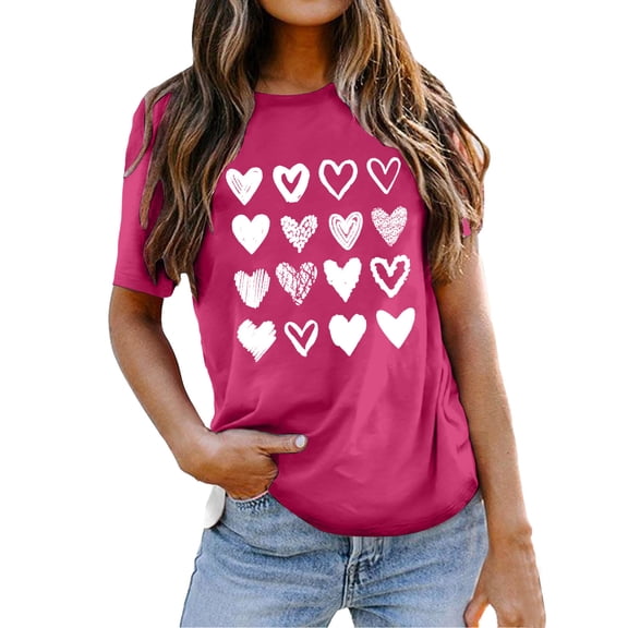 HOWPAY Valentine's Womens T Shirts Love Heart Printed Short Sleeve Crew Neck Blouse Casual Lightweight Couples Tops Loose Fit Soft Comfy Y2K Clothes Hot Pink L