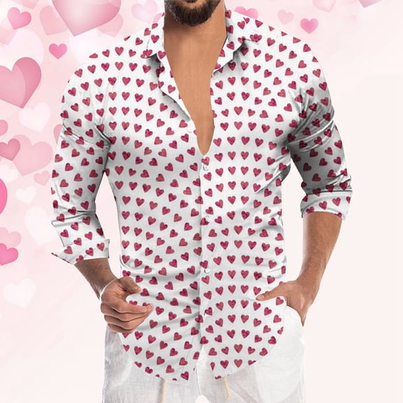 HOWPAY Valentines Dress Shirts for Men Regular Fit Love Heart Print Long Sleeve Button up Shirts Casual Stretch Lightweight Comfy Fall Clothes Light Pink L