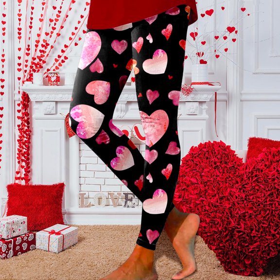 HOWPAY Valentines Leggings for Women Love Heart Printed Elastic High Waisted Slim Fit Tummy Control Tights Yoga Pants Tights Soft Ankle Length Stretchy Baggy Sweat Pants Hot Pink M