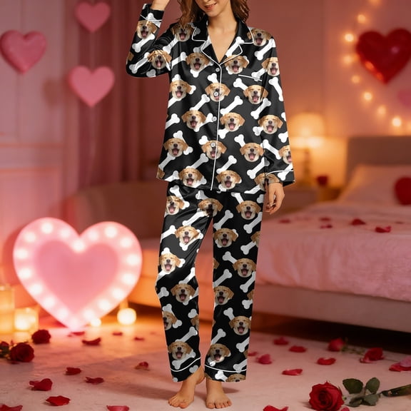 HOWPAY Valentines Pajamas for Women Set Customized Photo Personalized Face Long Sleeve Button up Lapel Shirt and Shorts Sleepwear Soft 2 Piece Pjs Sets Black XXL