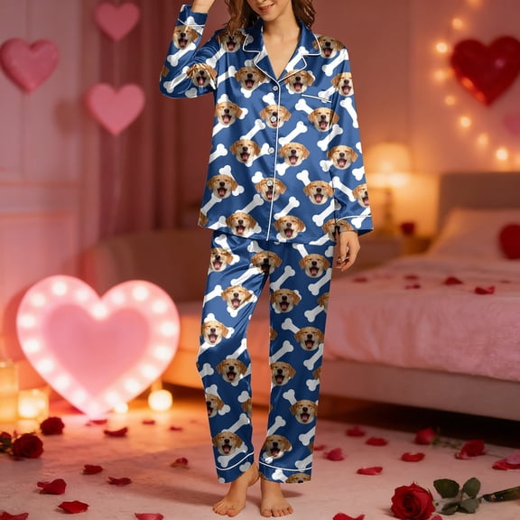 HOWPAY Valentines Pajamas for Women Set Customized Photo Personalized Face Long Sleeve Button up Lapel Shirt and Shorts Sleepwear Soft 2 Piece Pjs Sets Navy S