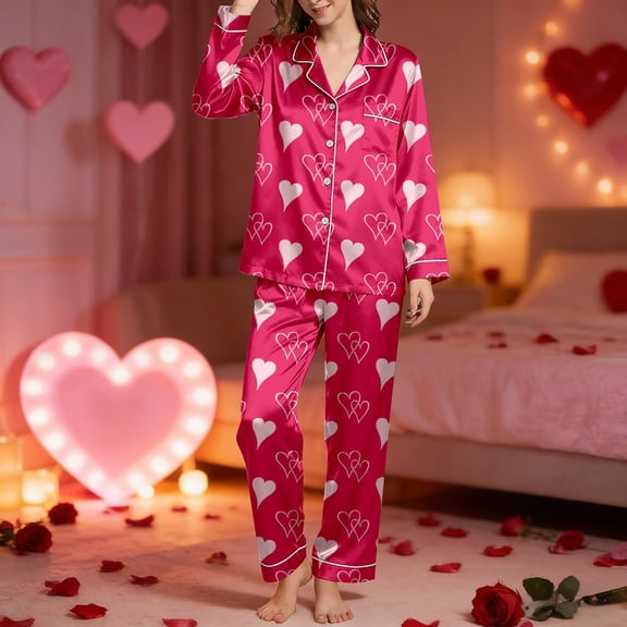 HOWPAY Valentines Pajamas for Women Set Love Heart Print Long Sleeve Button down Lapel Shirt and Pants Sleepwear Loose Fit Comfy 2 Piece Lounge Sets Hot Pink XXL
