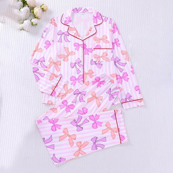 HOWPAY Valentines Pajamas for Women Set Cute Bow Print Long Sleeve Button up Pajamas with Pants Causal Loungewear Comfy 2 Piece Pj Sets Multicolour L